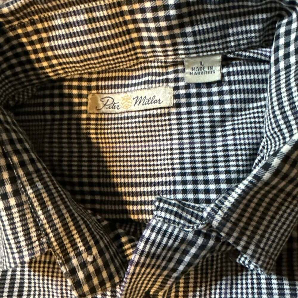 Peter Millar Men's Black and White Plaid Gingham Button-Down Shirt Size L